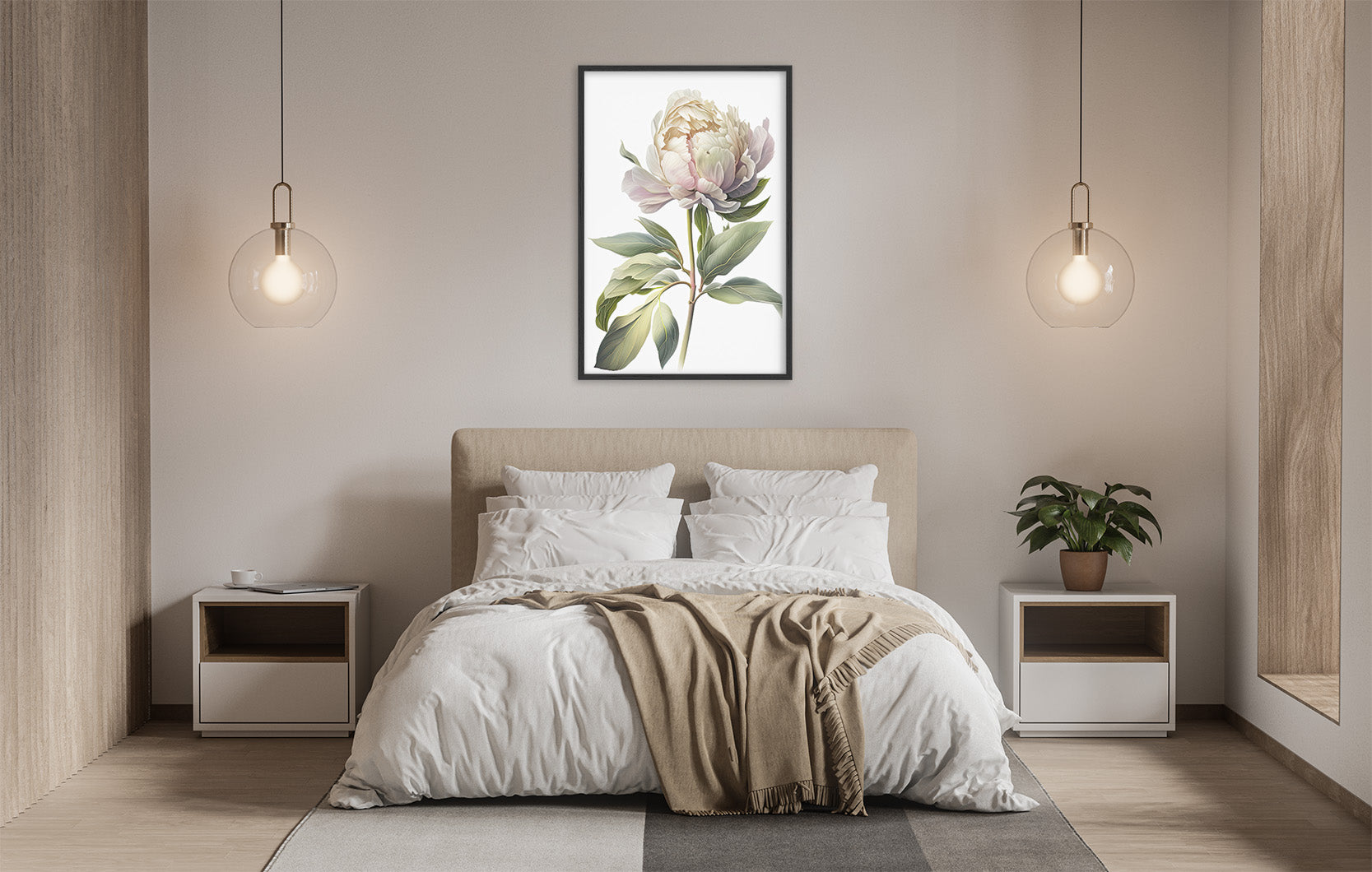a serene and modern bedroom with a large bed, white bedding, and a framed floral artwork hanging above it. The room is illuminated by two pendant lights, creating a warm and inviting atmosphere.