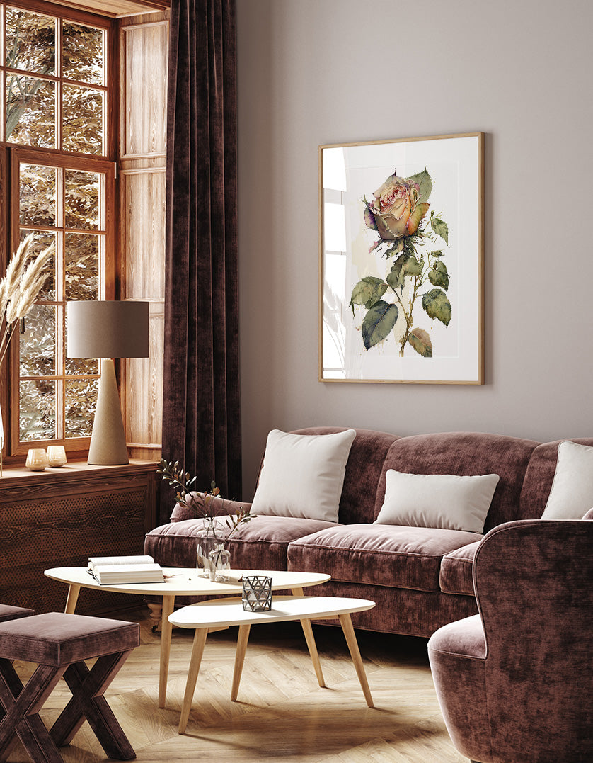 a cozy living room with a large window, a framed painting of a rose, a brown sofa, a wooden coffee table, and a lamp.