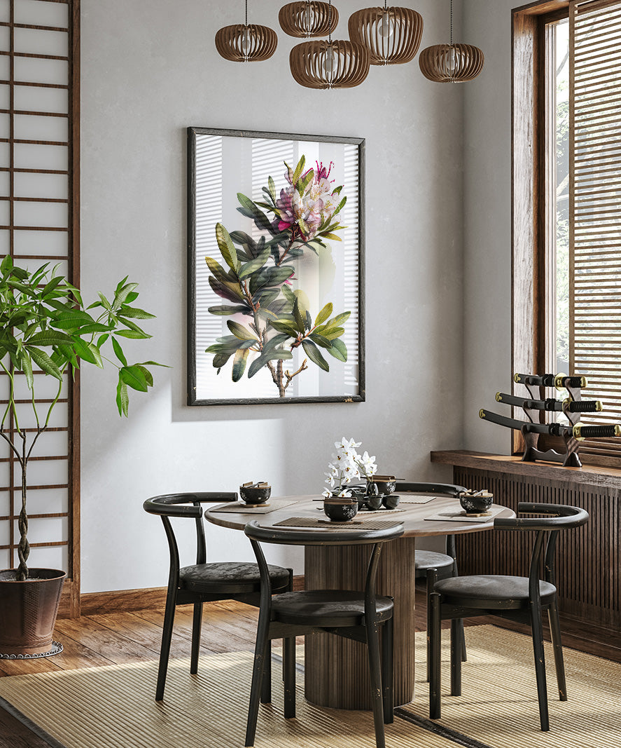 a modern dining room with a round wooden table surrounded by black chairs. A large potted plant is placed on the left side of the room, and a framed picture of a plant is hanging on the wall above the table. The room has a minimalist and elegant design, with a wooden floor and a large window providing natural light.