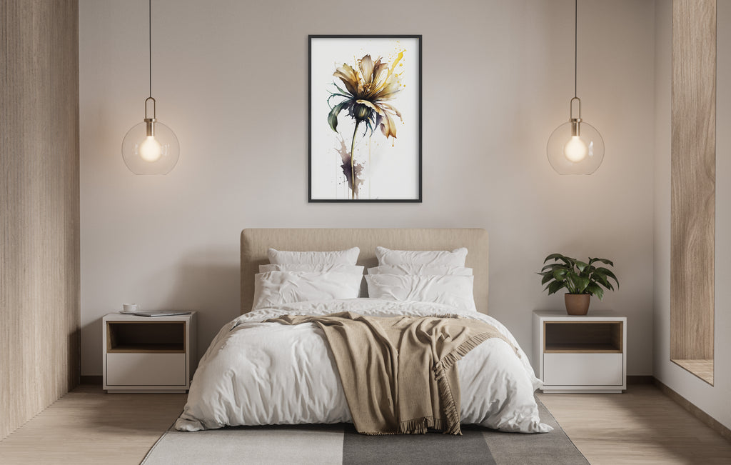 a serene and modern bedroom with a large bed, white bedding, and a framed painting of a flower hanging above it. The room is illuminated by two pendant lights, creating a warm and inviting atmosphere.