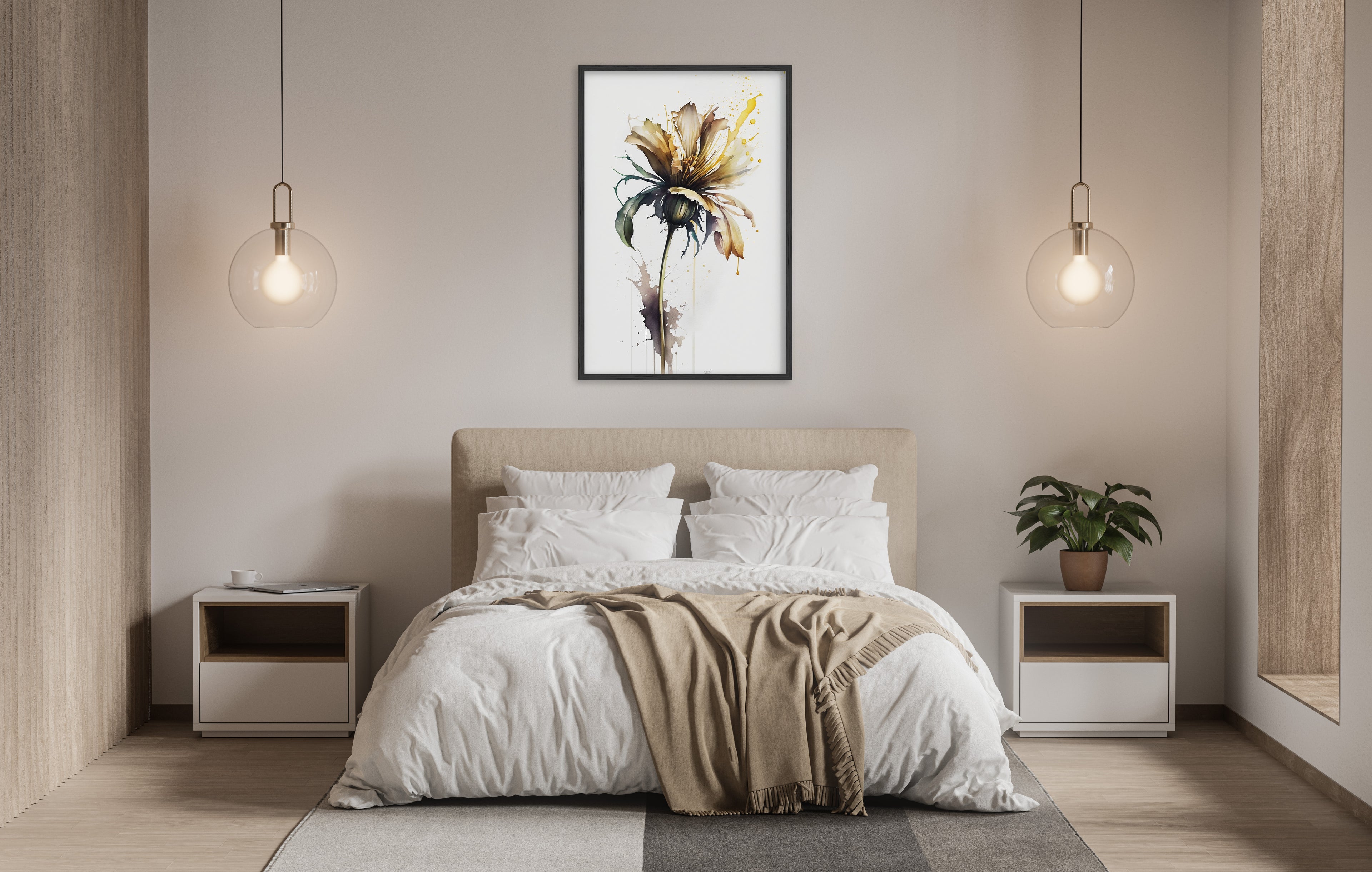 a serene and modern bedroom with a large bed, white bedding, and a framed painting of a flower hanging above it. The room is illuminated by two pendant lights, creating a warm and inviting atmosphere.