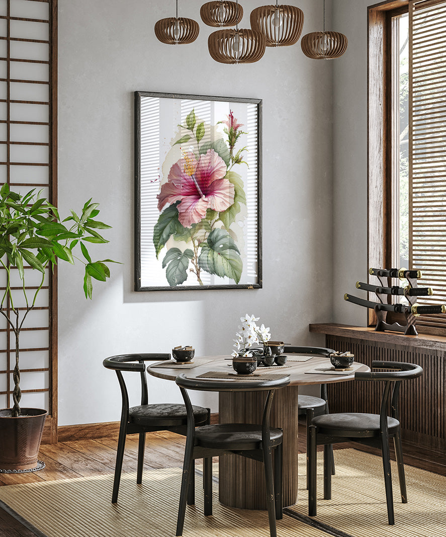 a modern dining room with a wooden table and chairs, a large floral painting on the wall, and a potted plant in the corner.
