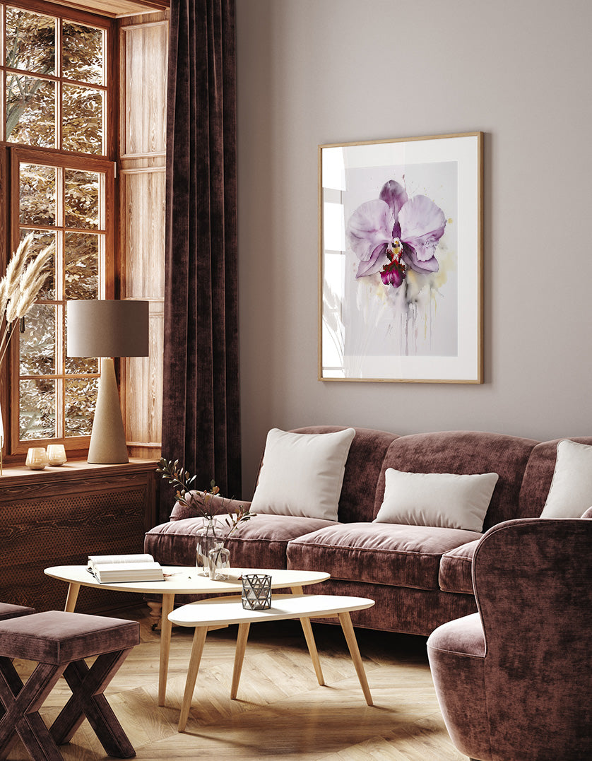 a cozy living room with a large window, a plush brown sofa, a wooden coffee table, and a framed painting of a purple orchid hanging on the wall.