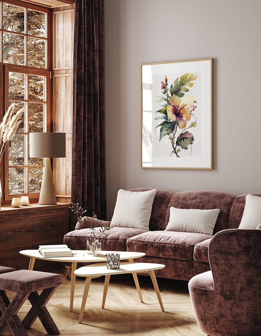 a cozy living room with a large window, a brown sofa, a wooden coffee table, and a framed painting of a flower on the wall.