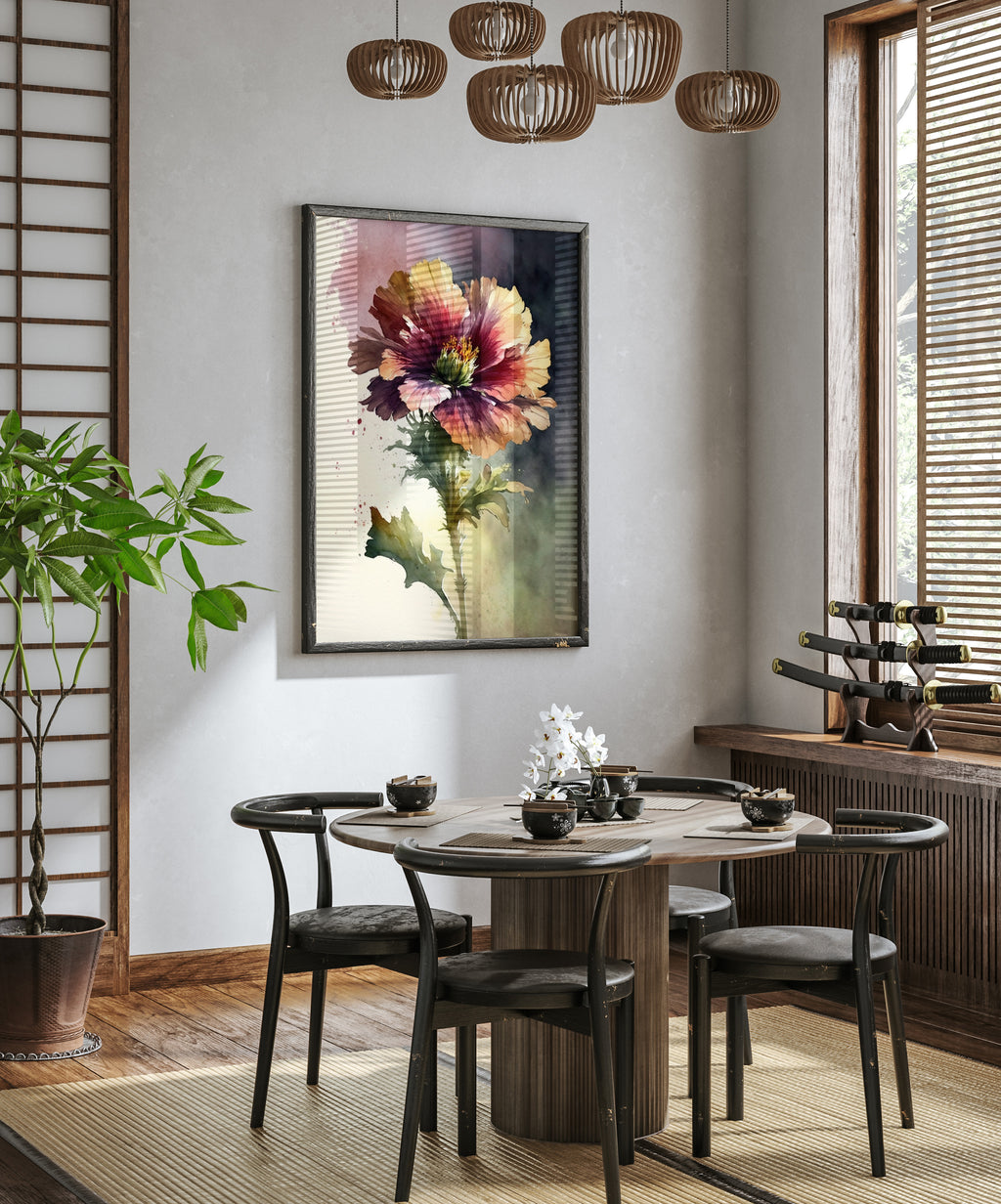 a modern dining room with a round wooden table, four black chairs, and a large window with wooden blinds. A framed painting of a flower hangs on the wall above the table, and a chandelier hangs from the ceiling. The room is decorated with various plants and other decorative elements, creating a cozy and inviting atmosphere.