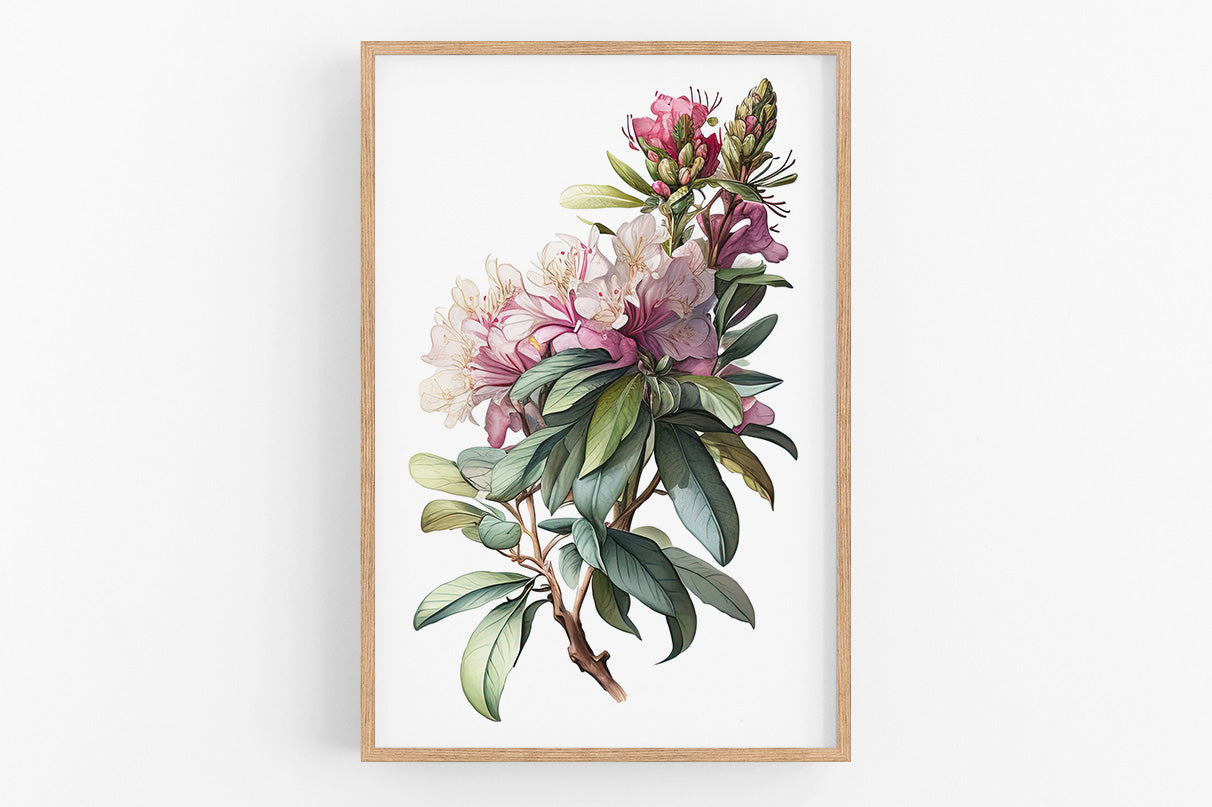 A framed watercolor painting depicting a branch with pink and white flowers, green leaves, and a small flower bud.