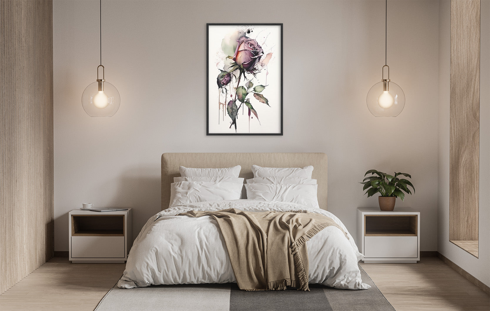 a serene and modern bedroom with a large bed, white bedding, and a framed painting of a pink rose hanging above it. The room is illuminated by two pendant lights, creating a warm and inviting atmosphere.