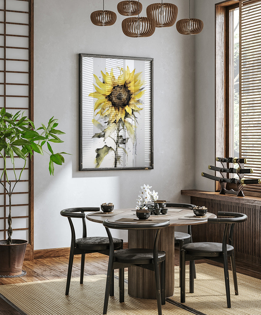 a modern dining room with a round wooden table, black chairs, and a large sunflower painting on the wall. The room has a minimalist and elegant design, with a chandelier hanging from the ceiling and a potted plant adding a touch of greenery.