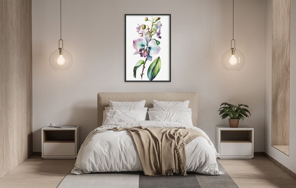 a serene and modern bedroom with a large bed, white bedding, and a framed botanical illustration of a flower hanging above it. The room is illuminated by two pendant lights, creating a warm and inviting atmosphere.