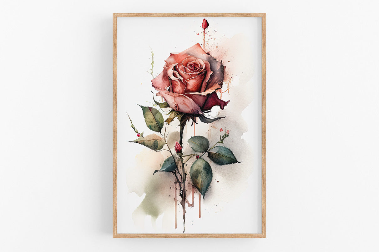 A framed watercolor painting depicting a vibrant red rose with lush green leaves and stems.