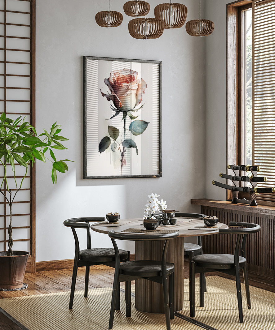 a modern dining room with a wooden table and chairs, a large framed rose painting on the wall, and a potted plant on the left side.