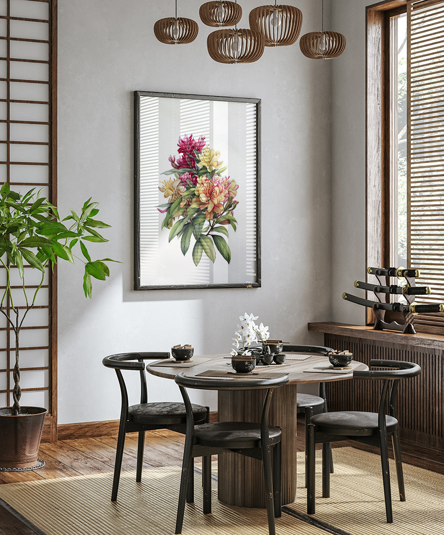 a modern dining room with a wooden table and chairs, a large floral painting on the wall, and a potted plant on the left side.
