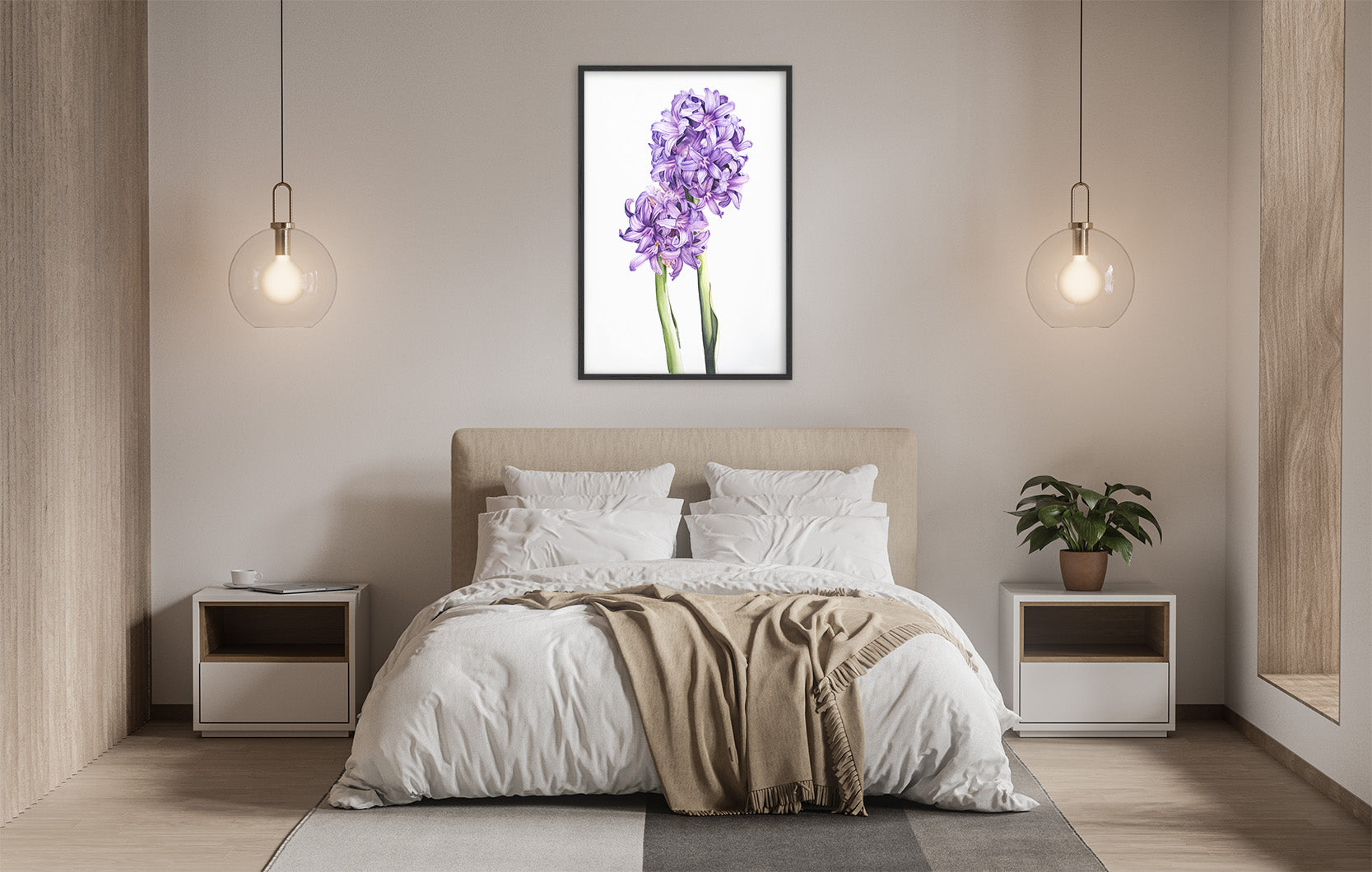 a serene and modern bedroom with a large bed, white bedding, and a framed picture of purple flowers hanging above it. The room is illuminated by two pendant lights, creating a warm and inviting atmosphere.
