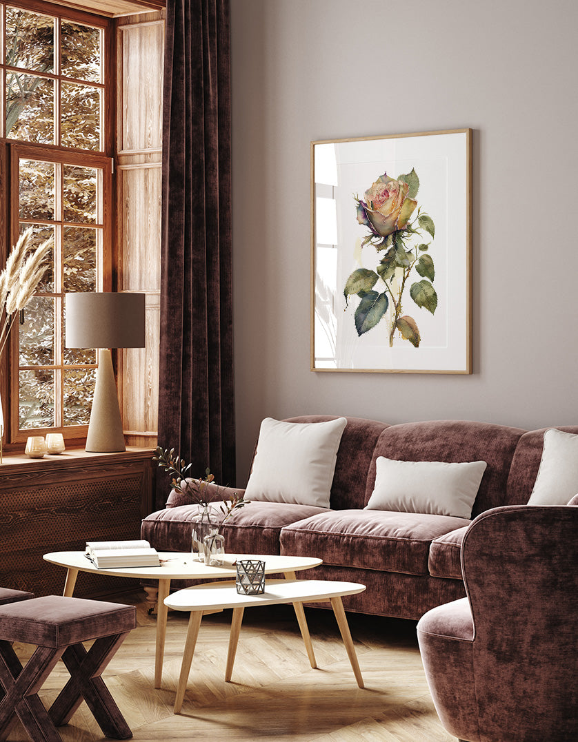 a cozy living room with a large window, a brown sofa, a wooden coffee table, and a framed painting of a rose on the wall.