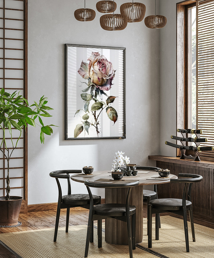 a modern dining room with a wooden table and chairs, a large floral painting on the wall, and a potted plant on the left side.