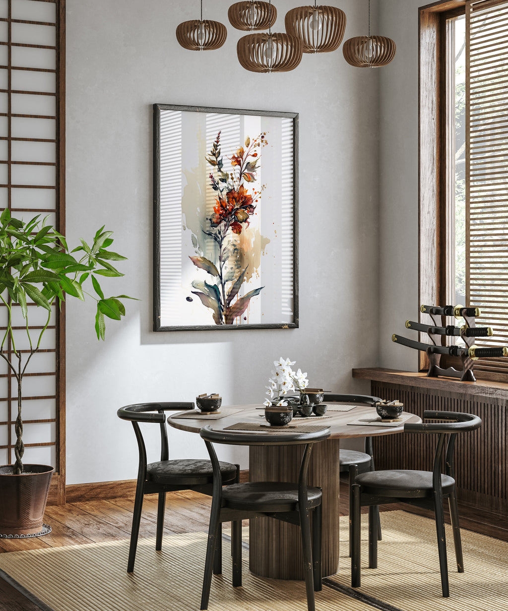 a modern dining room with a round wooden table surrounded by black chairs. A large painting of a flower hangs on the wall above the table, and a chandelier hangs from the ceiling. The room is decorated with a potted plant, a vase of flowers, and a set of wine glasses.
