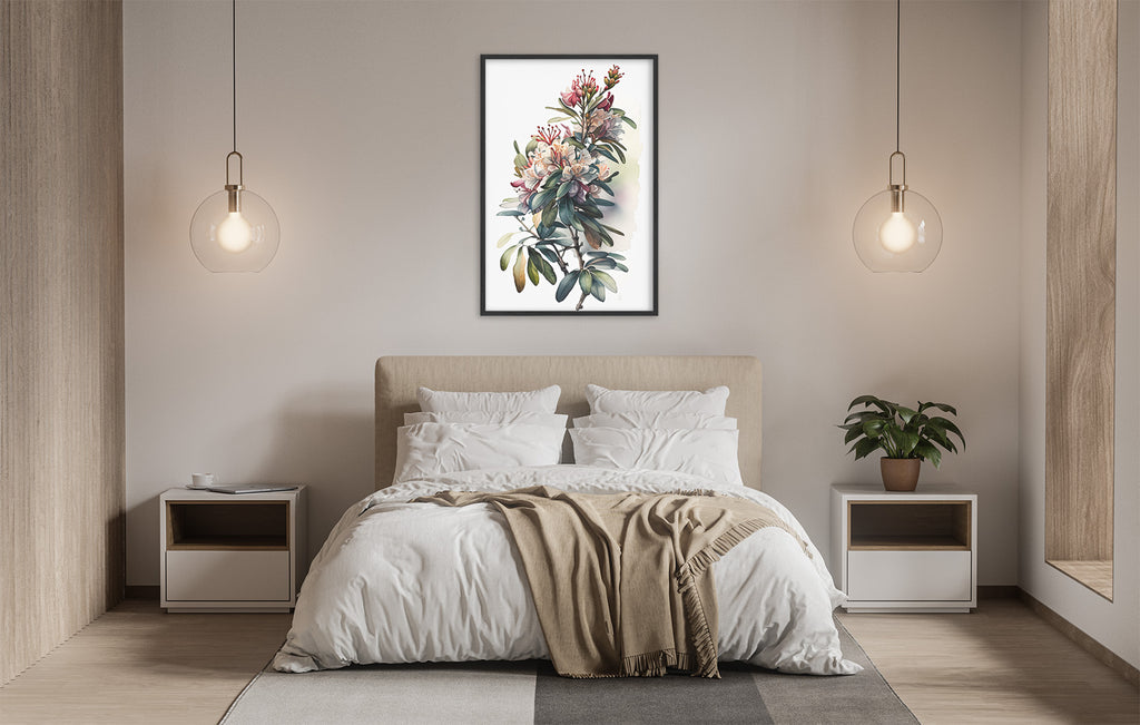 a serene and modern bedroom with a large bed, white bedding, and a framed floral artwork hanging above it. The room is illuminated by two pendant lights, creating a warm and inviting atmosphere.