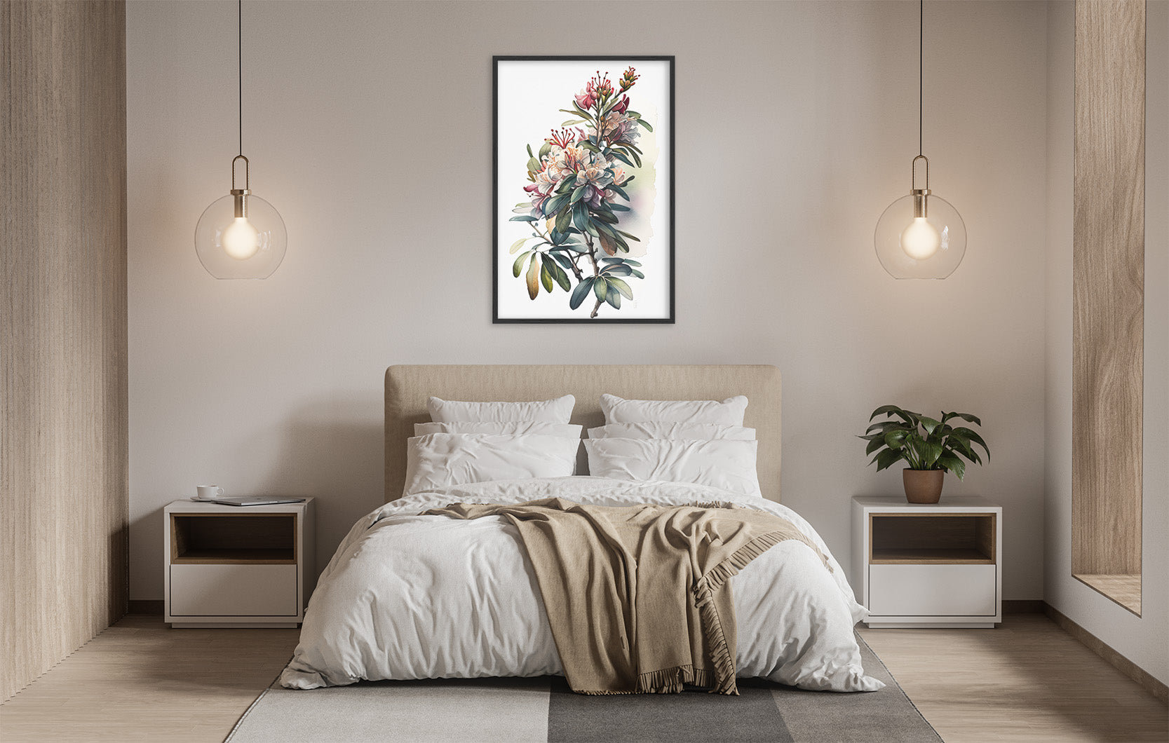 a serene and modern bedroom with a large bed, white bedding, and a framed floral artwork hanging above it. The room is illuminated by two pendant lights, creating a warm and inviting atmosphere.