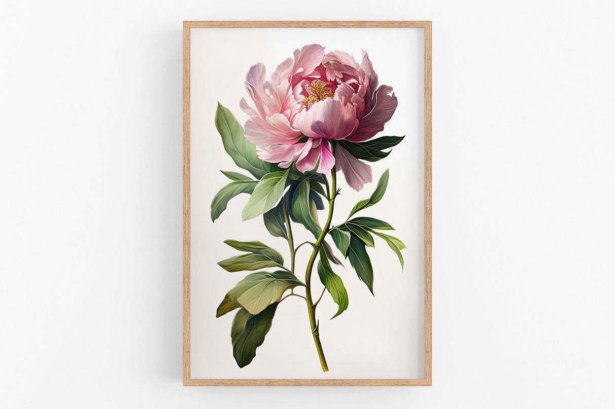 A framed painting of a large, vibrant pink peony flower with green leaves.