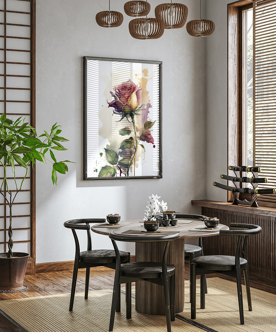 a modern dining room with a wooden table and chairs, a large framed painting of a pink rose hanging on the wall, and a potted plant on the left side of the room.
