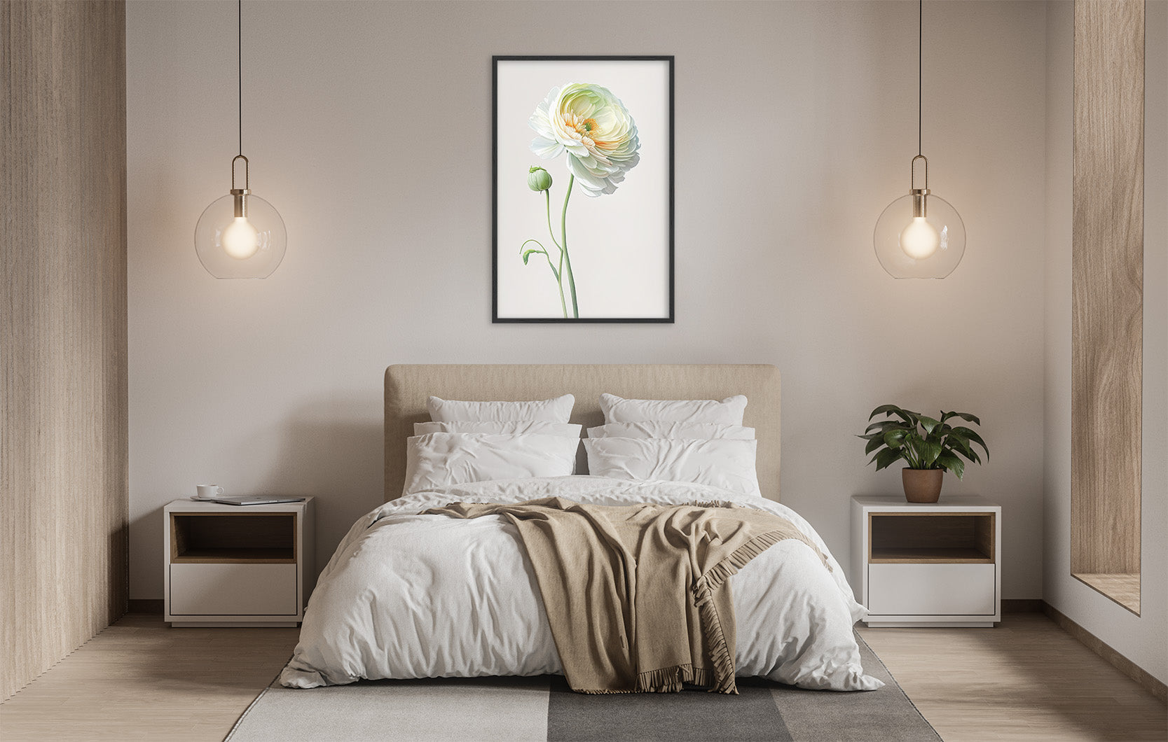 a serene and modern bedroom with a large bed, white bedding, and a framed picture of a flower hanging above it. The room is illuminated by two pendant lights, creating a warm and inviting atmosphere.
