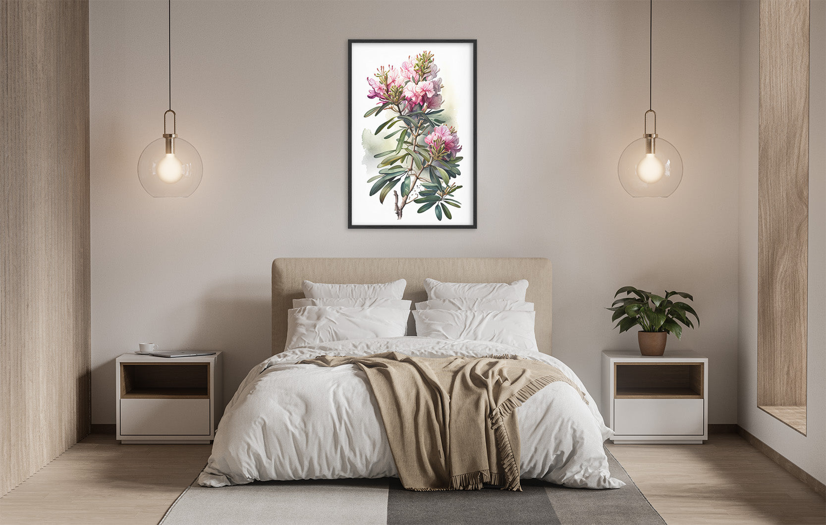 a serene and modern bedroom with a large bed, white bedding, and a framed painting of pink flowers hanging above it. The room is illuminated by two pendant lights, creating a warm and inviting atmosphere.