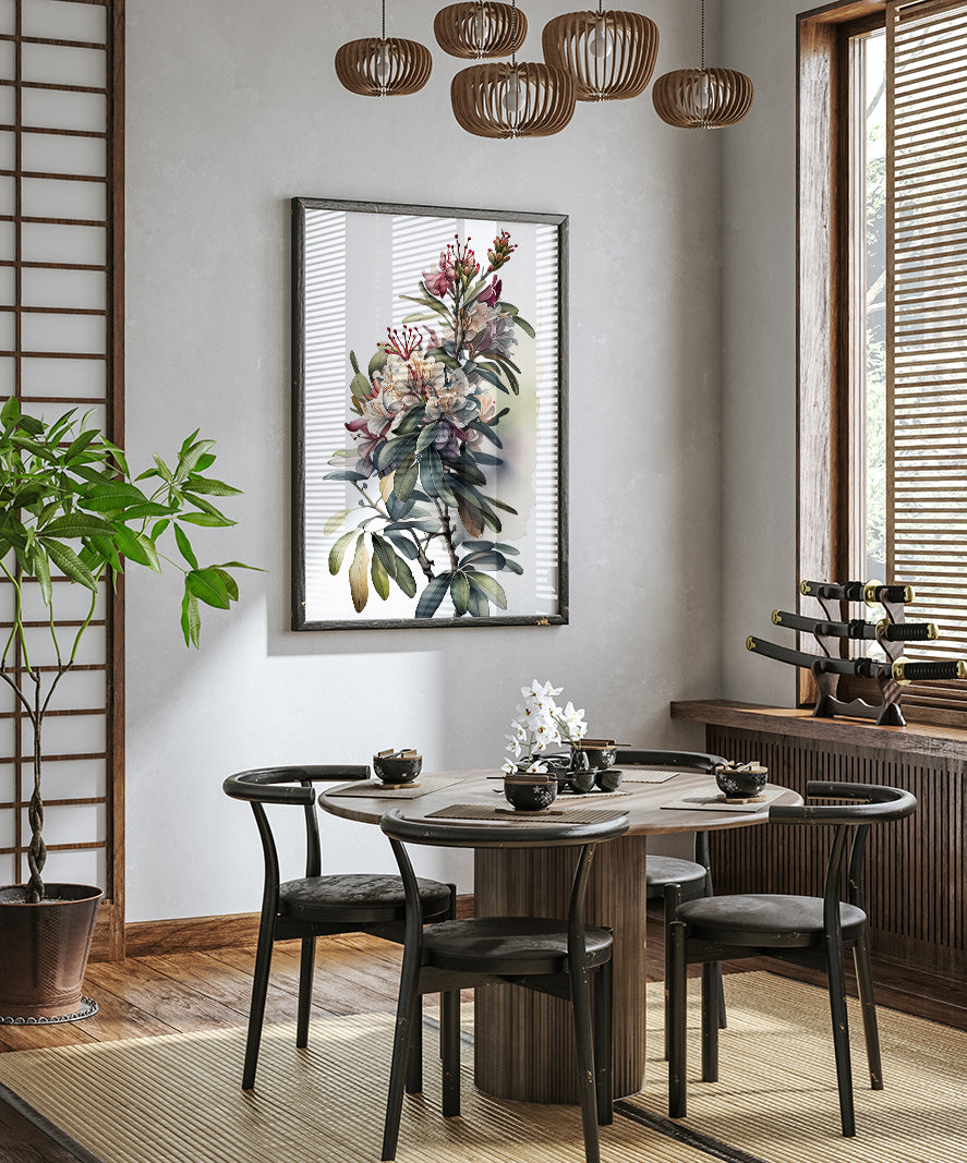 a modern dining room with a round wooden table surrounded by black chairs. A large potted plant is placed on the left side of the room, and a framed print of a floral arrangement hangs on the wall above the table. The room has a minimalist and elegant design, with a wooden floor and a window providing natural light.