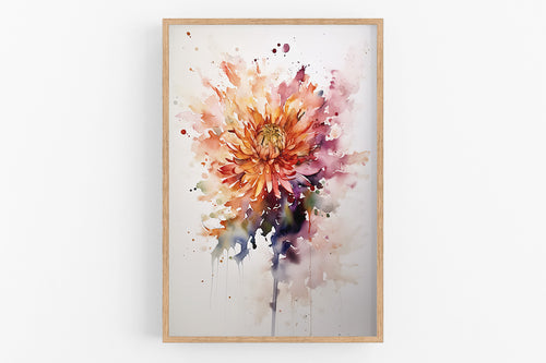 The image is a vibrant watercolor painting of a large, colorful flower with a yellow center, surrounded by splashes of orange, pink, and purple.