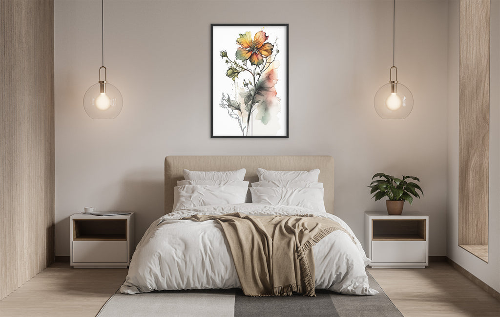 a serene and modern bedroom with a large bed, white bedding, and a framed watercolor painting of a flower hanging above it. The room is illuminated by two pendant lights, creating a warm and inviting atmosphere.