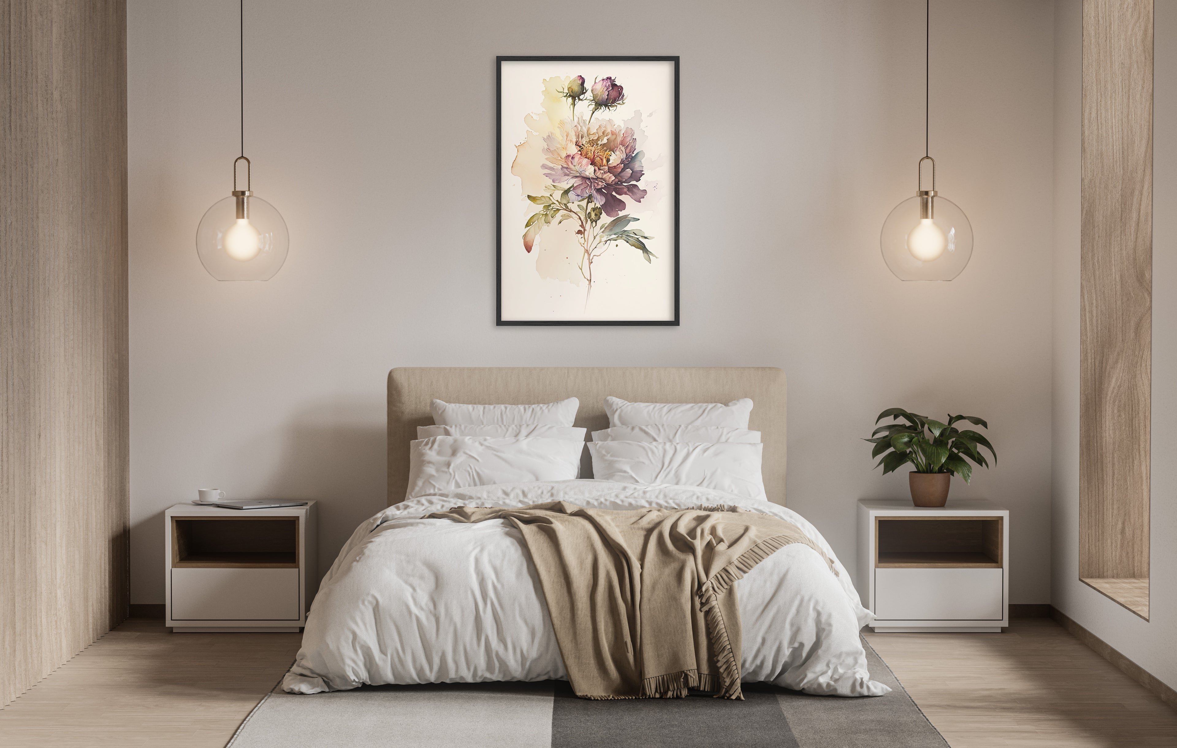 a serene and modern bedroom with a large bed, white bedding, and a framed floral artwork hanging above it. The room is illuminated by two pendant lights, creating a warm and inviting atmosphere.