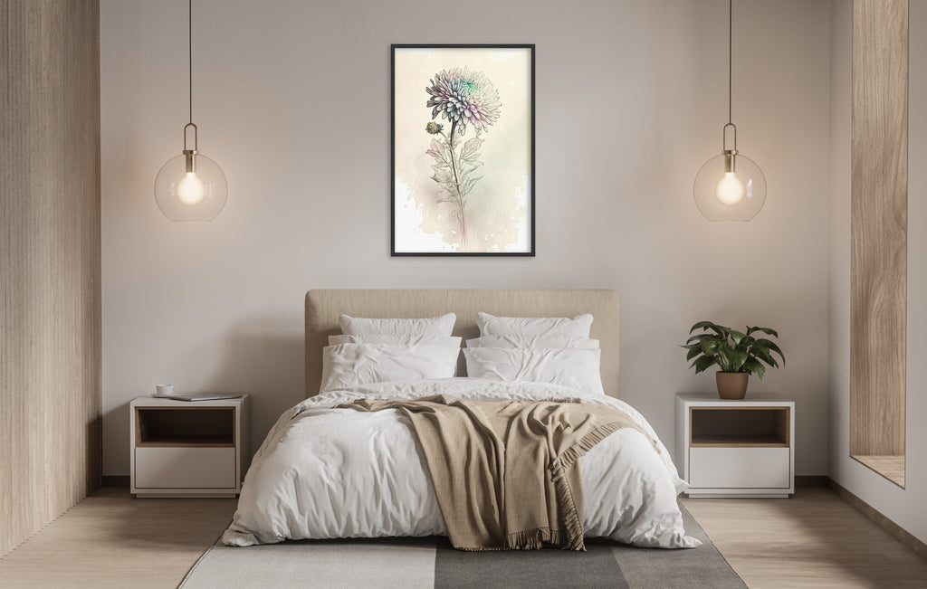 a serene and modern bedroom with a large bed, white bedding, and a framed watercolor painting of a flower hanging above it. The room is illuminated by two pendant lights, creating a warm and inviting atmosphere.