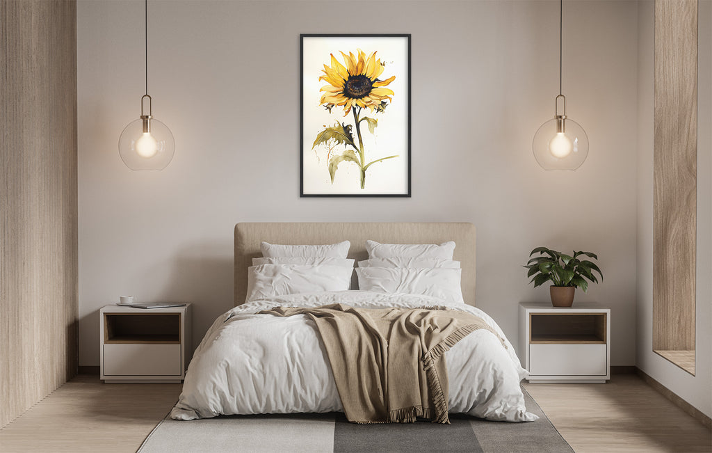 a serene and modern bedroom with a large bed, white bedding, and a framed painting of a sunflower on the wall. The room is illuminated by two pendant lights hanging above the bed, creating a warm and inviting atmosphere.
