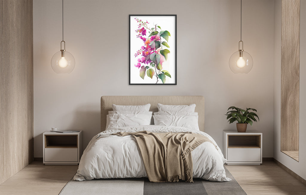 a serene and modern bedroom with a large bed, white bedding, and a framed floral artwork hanging above it. The room is illuminated by two pendant lights, creating a warm and inviting atmosphere.