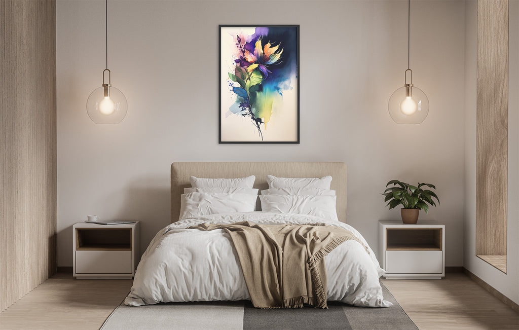 a serene and modern bedroom with a large bed, white bedding, and a framed painting of colorful flowers hanging above it. The room is illuminated by two pendant lights, creating a warm and inviting atmosphere.
