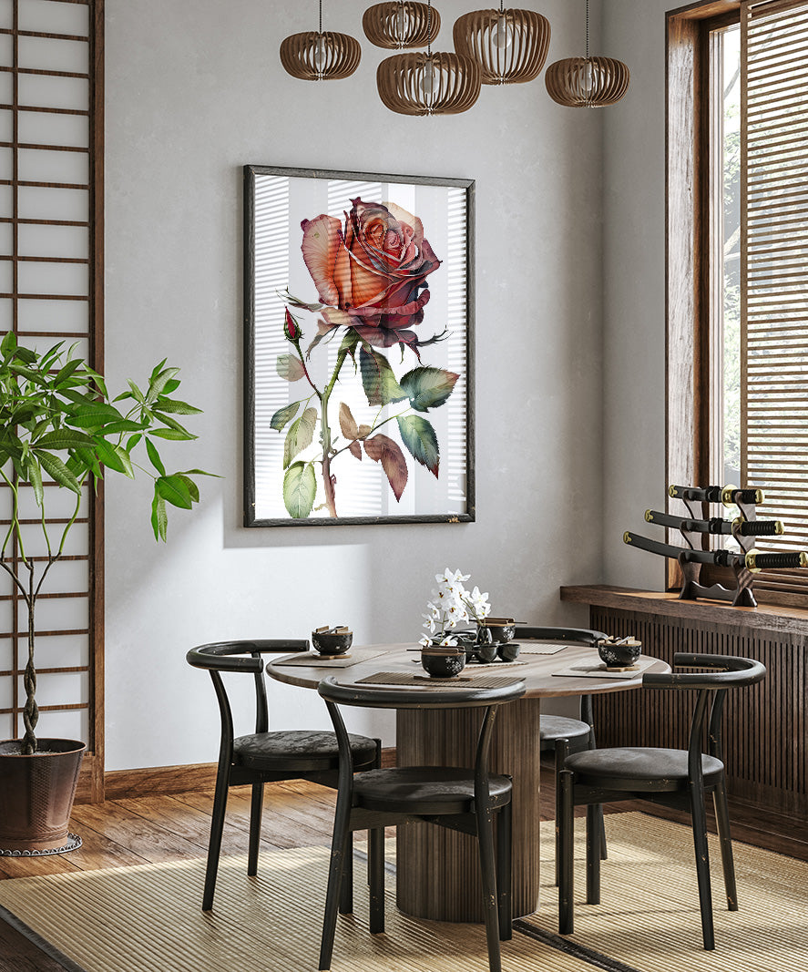 a modern dining room with a wooden table and chairs, a large framed painting of a red rose hanging on the wall, and a potted plant on the left side of the room.
