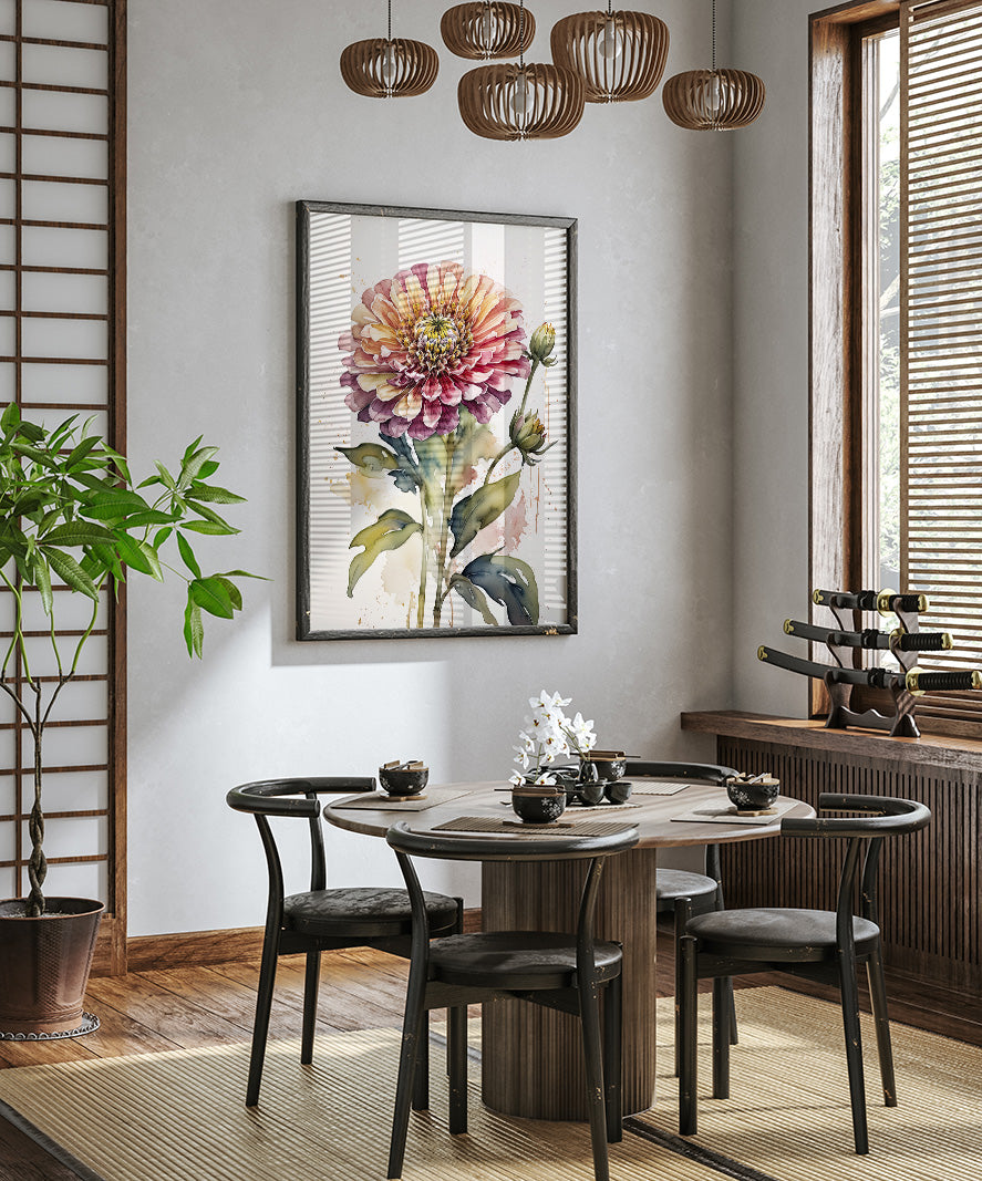a modern dining room with a round wooden table, four black chairs, and a large floral painting hanging on the wall above the table.