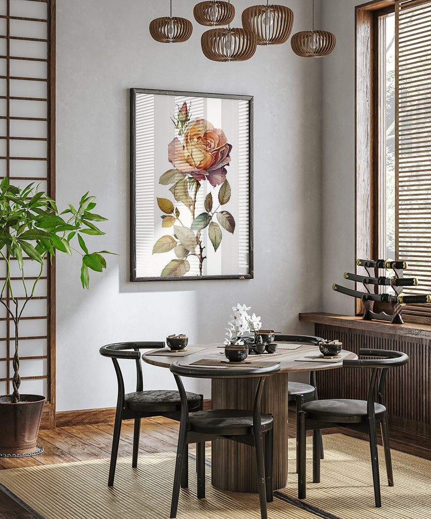 a modern dining room with a wooden table and chairs, a large floral painting on the wall, and a potted plant in the corner.