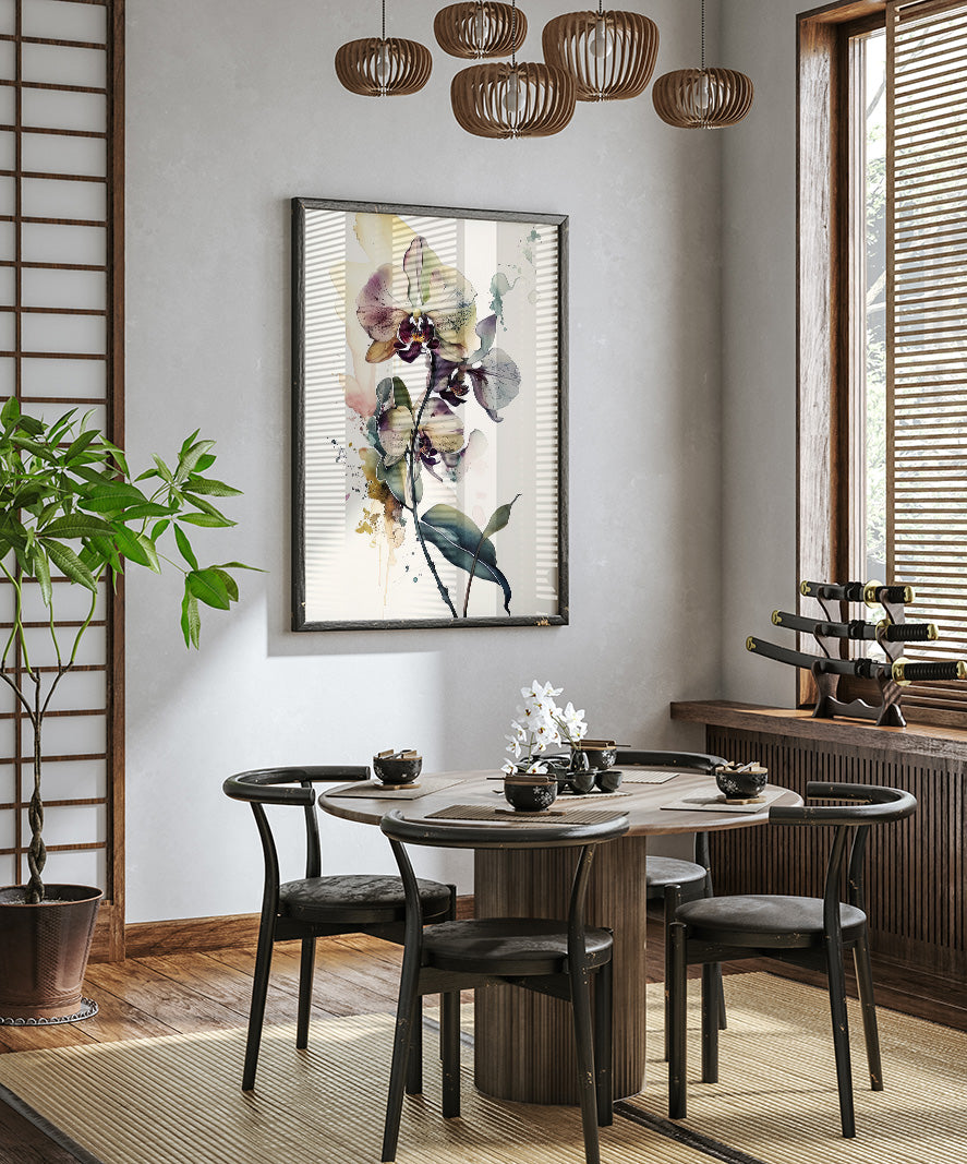 a modern dining room with a round wooden table surrounded by black chairs. A large floral painting hangs on the wall above the table, and a chandelier hangs from the ceiling. The room is decorated with various plants and other decorative elements, creating a cozy and inviting atmosphere.