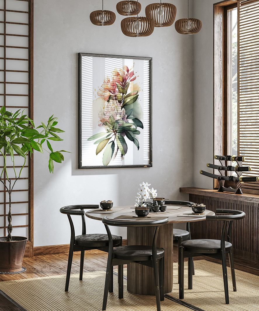 a modern dining room with a round wooden table surrounded by black chairs. A large floral painting hangs on the wall above the table, and a chandelier hangs from the ceiling. The room is decorated with various plants and other decorative elements, creating a cozy and inviting atmosphere.