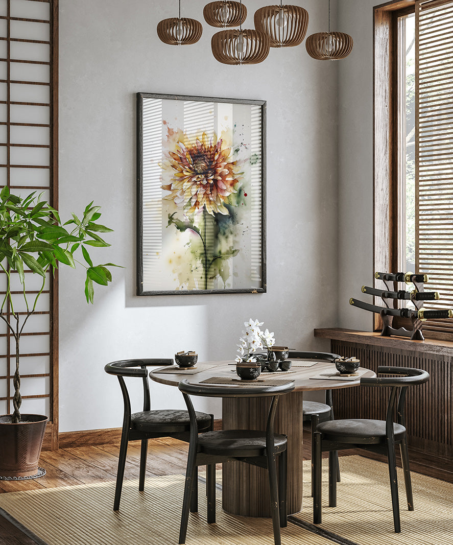a modern dining room with a round wooden table, four black chairs, and a large painting of a flower hanging on the wall above the table.