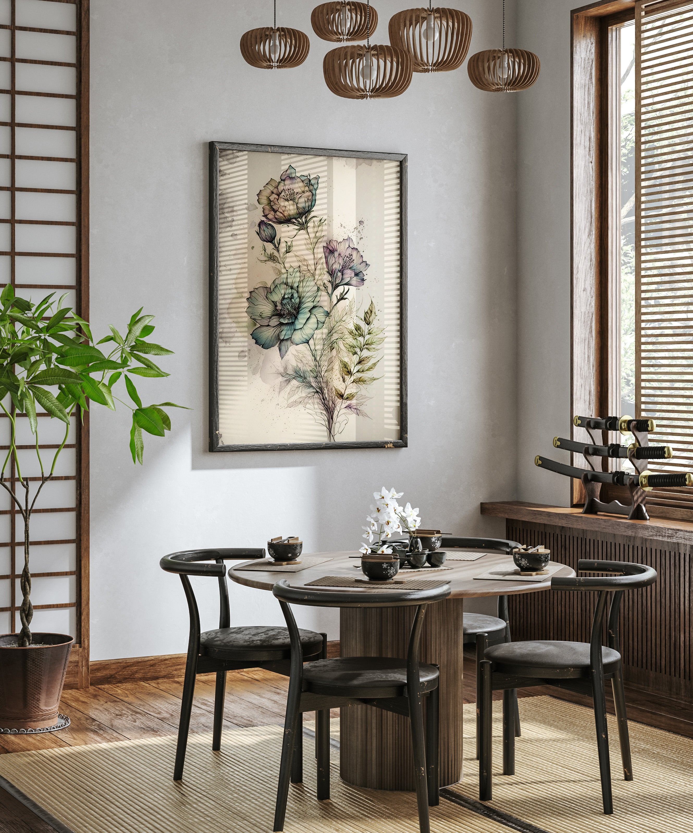 a modern dining room with a round wooden table surrounded by black chairs. A large floral print hangs on the wall above the table, and a potted plant is placed on the left side of the room. The room has a minimalist and elegant design, with a chandelier hanging from the ceiling and a window with blinds on the right side.