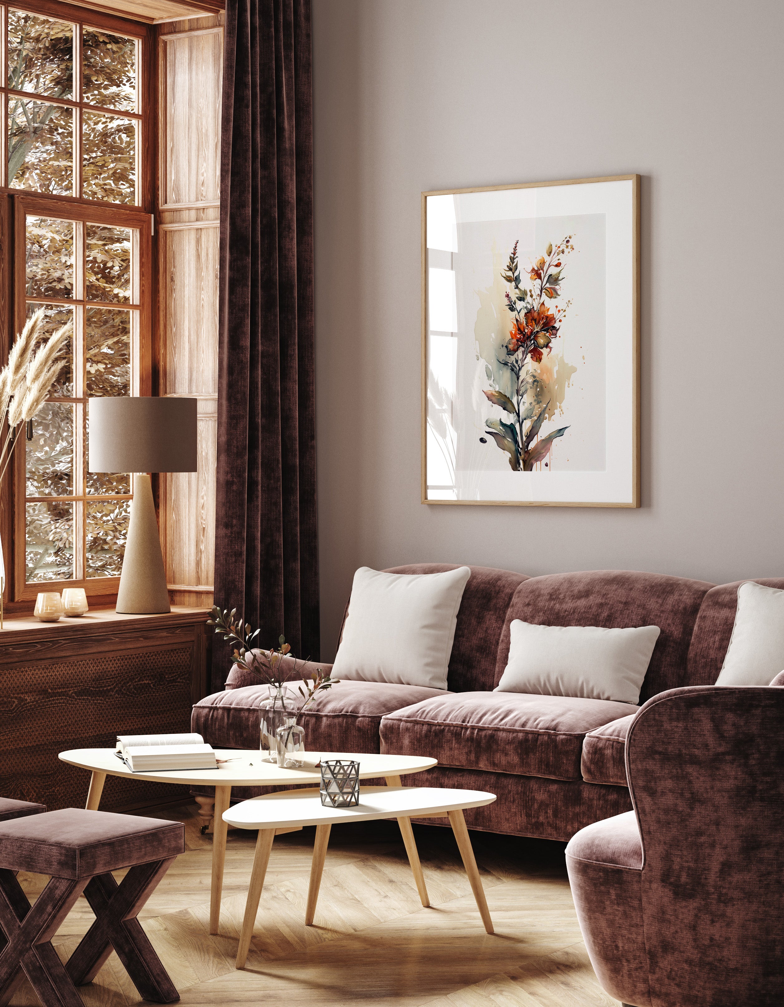 a cozy living room with a large window, a brown sofa, a wooden coffee table, and a framed painting of a plant on the wall.