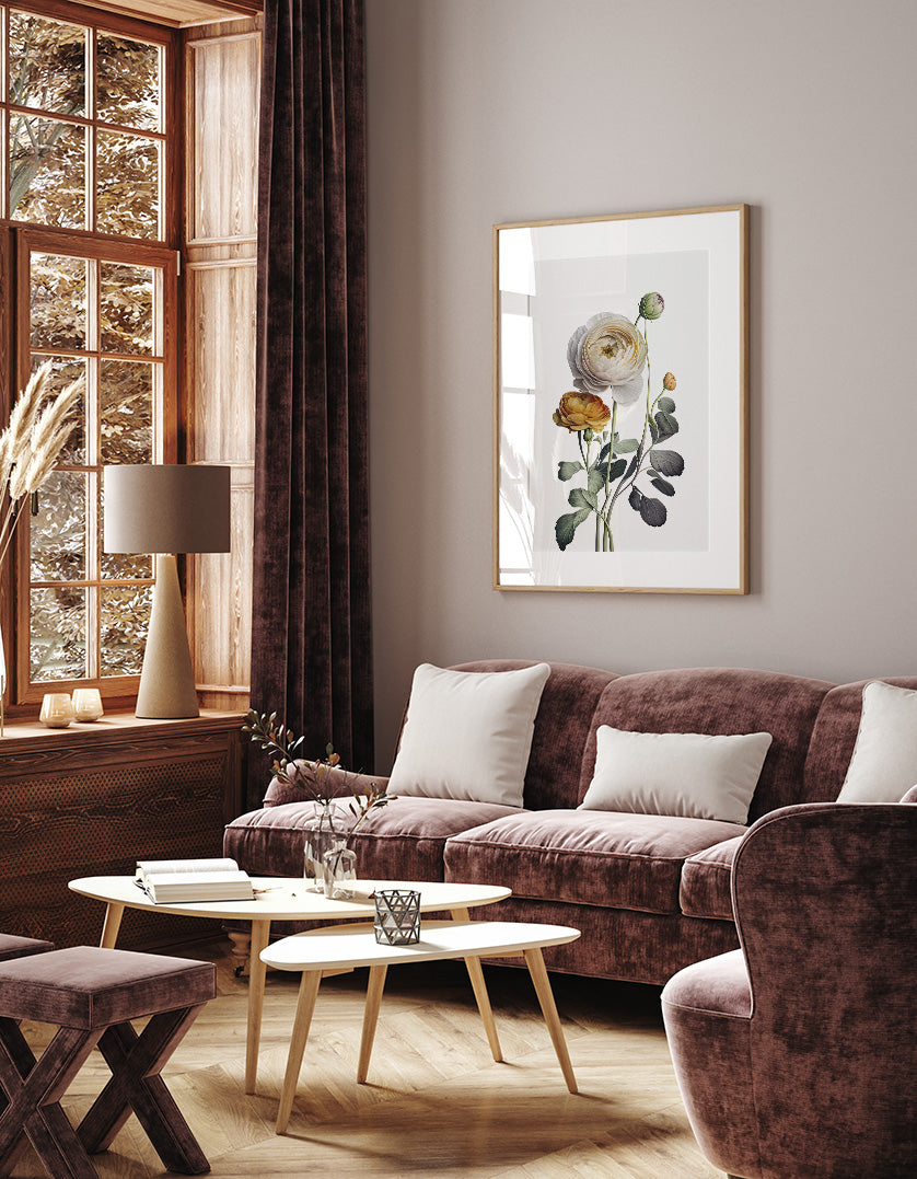 a cozy living room with a large window, a brown sofa, a wooden coffee table, and a framed floral artwork on the wall.