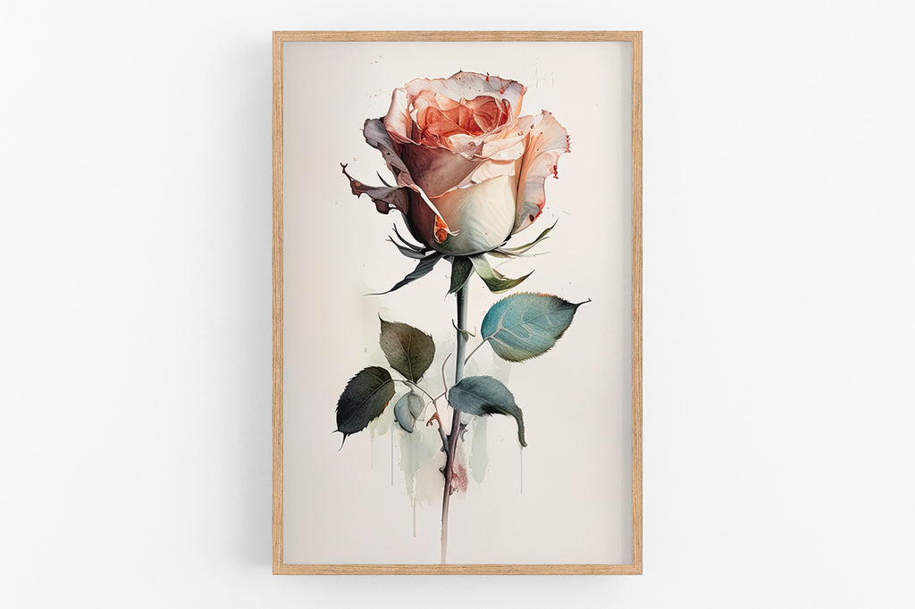 A framed painting of a single, vibrant pink rose with green leaves.