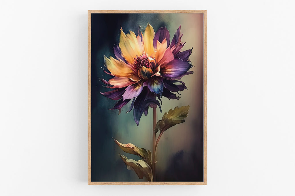 A vibrant, multi-colored flower with a large center bloom surrounded by smaller petals in shades of yellow, purple, and orange.
