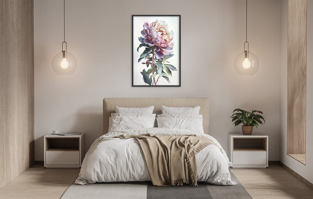 a serene and modern bedroom with a large bed, white bedding, and a framed painting of a flower hanging above it. The room is illuminated by two pendant lights, creating a warm and inviting atmosphere.