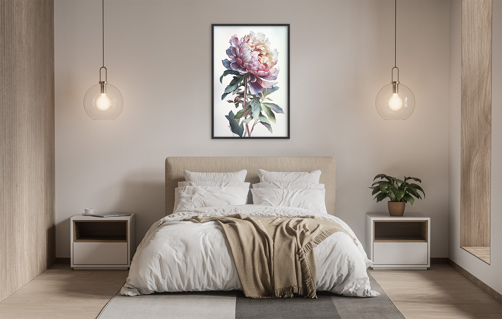 a serene and modern bedroom with a large bed, white bedding, and a framed painting of a flower hanging above it. The room is illuminated by two pendant lights, creating a warm and inviting atmosphere.