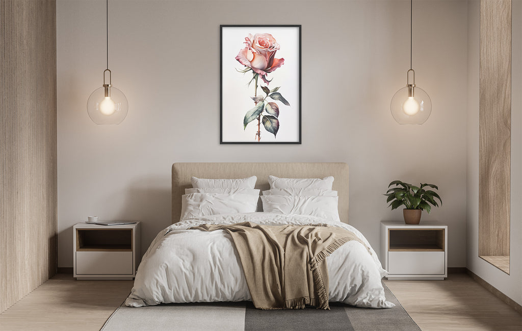 a serene and modern bedroom with a large bed, white bedding, and a framed painting of a pink rose hanging above it. The room is illuminated by two pendant lights, creating a warm and inviting atmosphere.