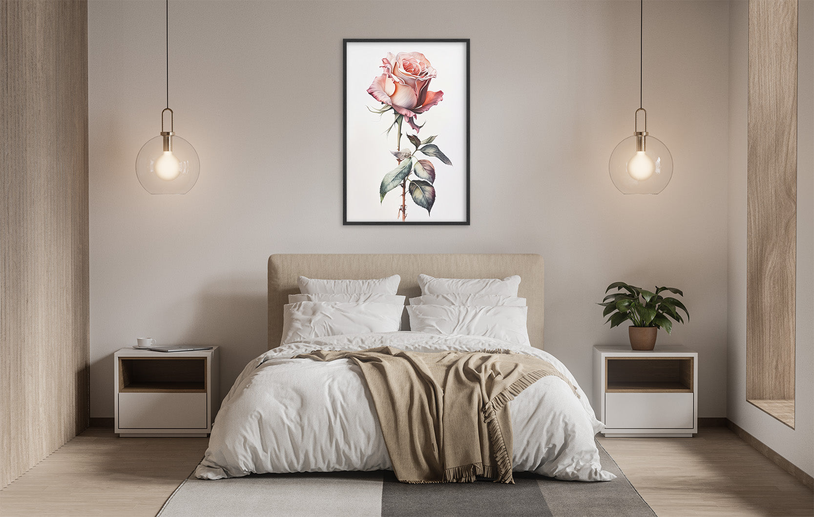 a serene and modern bedroom with a large bed, white bedding, and a framed painting of a pink rose hanging above it. The room is illuminated by two pendant lights, creating a warm and inviting atmosphere.