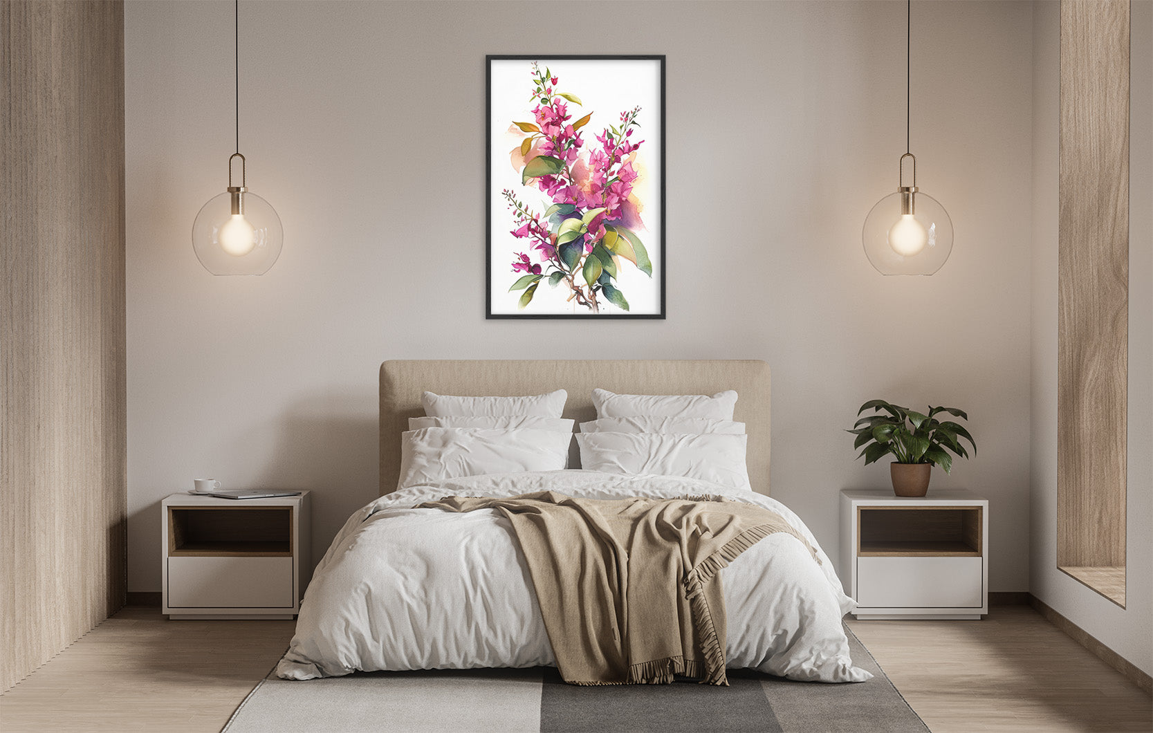 a serene and modern bedroom with a large bed, white bedding, and a framed floral artwork hanging above it. The room is illuminated by two pendant lights, creating a warm and inviting atmosphere.